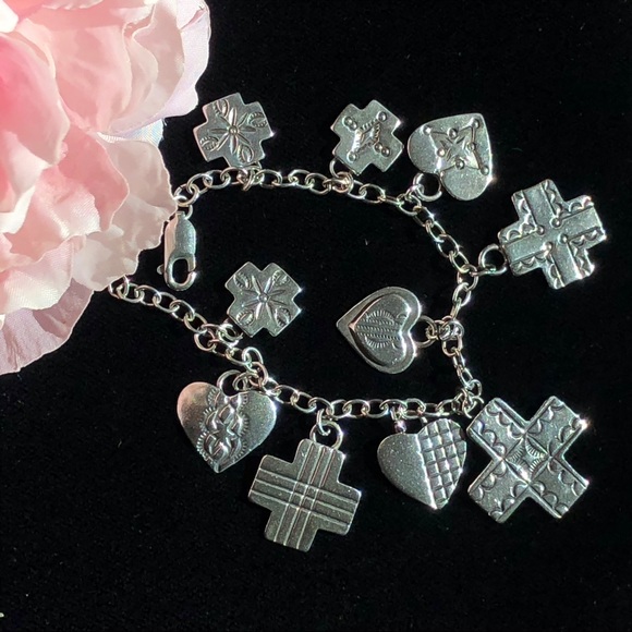 Sterling Silver Charm Bracelet w/Hearts&Crosses - Picture 2 of 7